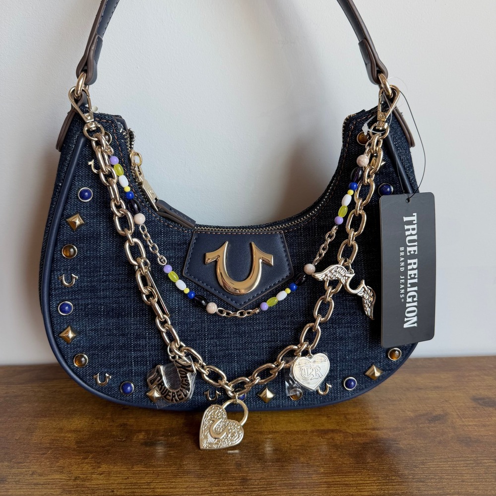 New True Religion Blue Denim Hobo Shoulder Handbag Wings Studded Beaded Charms